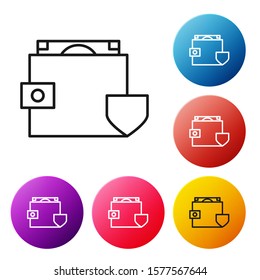 Black line Wallet and money with shield icon isolated on white background. Insurance concept. Security, safety, protection, protect concept. Set icons colorful circle buttons. Vector Illustration