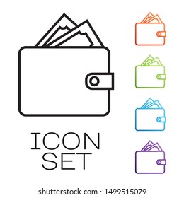Black line Wallet with stacks paper money cash icon isolated on white background. Purse icon. Cash savings symbol. Set icons colorful. Vector Illustration Black line Wallet with stacks paper money cash icon isolated on white background. Purse icon. Cash savings symbol. Set icons colorful. Vector Illustration