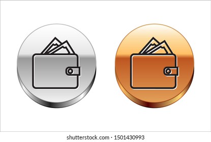 Black line Wallet with stacks paper money cash icon isolated on white background. Purse icon. Cash savings symbol. Silver-gold circle button. Vector Illustration