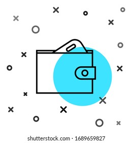 Black line Wallet with stacks paper money cash icon isolated on white background. Purse icon. Cash savings symbol. Random dynamic shapes. Vector Illustration