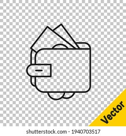 Black line Wallet with stacks paper money cash icon isolated on transparent background. Purse icon. Cash savings symbol.  Vector