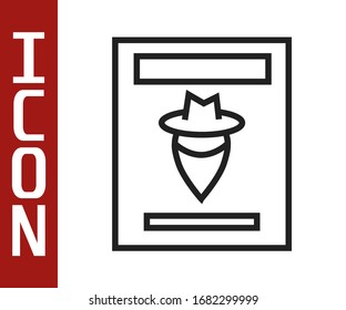 Black line Wanted western poster icon isolated on white background. Reward money. Dead or alive crime outlaw.  Vector Illustration