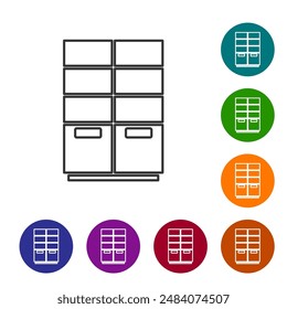 Icono de armario de línea negra aislado sobre fondo blanco. Establecer iconos en Botones de círculos de color. Vector