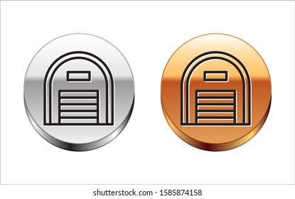 Black line Warehouse icon isolated on white background. Silver-gold circle button. Vector Illustration