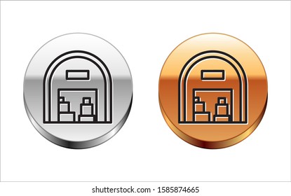 Black line Warehouse icon isolated on white background. Silver-gold circle button. Vector Illustration