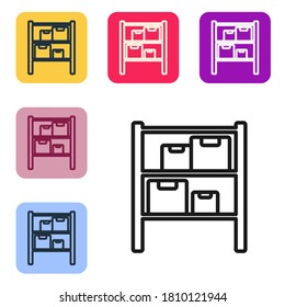 Black line Warehouse icon isolated on white background. Set icons in color square buttons. Vector Illustration