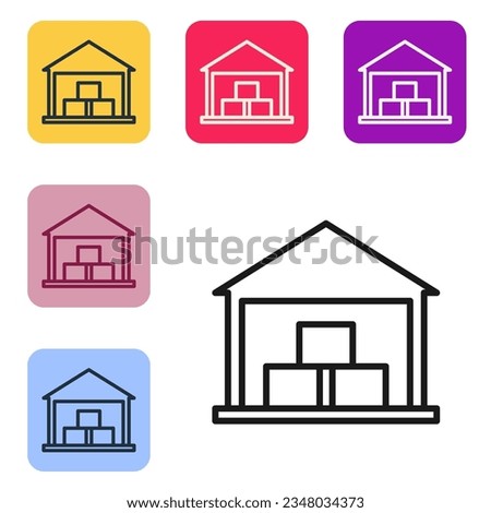 Black line Warehouse icon isolated on white background. Set icons in color square buttons. Vector Illustration