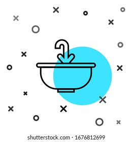 Black line Washbasin with water tap icon isolated on white background. Random dynamic shapes. Vector Illustration
