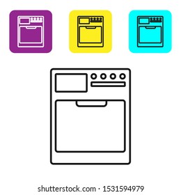 Black line Washer icon isolated on white background. Washing machine icon. Clothes washer - laundry machine. Home appliance symbol. Set icons colorful square buttons. Vector Illustration