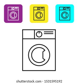 Black line Washer icon isolated on white background. Washing machine icon. Clothes washer - laundry machine. Home appliance symbol. Set icons colorful square buttons. Vector Illustration