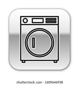 Black line Washer icon isolated on white background. Washing machine icon. Clothes washer - laundry machine. Home appliance symbol. Silver square button. Vector Illustration