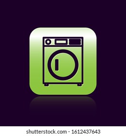 Black line Washer icon isolated on black background. Washing machine icon. Clothes washer - laundry machine. Home appliance symbol. Green square button. Vector Illustration