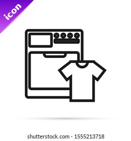 Black line Washer and t-shirt icon isolated on white background. Washing machine icon. Clothes washer - laundry machine. Home appliance symbol.  Vector Illustration