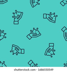 Black line Washing hands with soap icon isolated seamless pattern on green background. Washing hands with soap to prevent virus and bacteria.  Vector Illustration