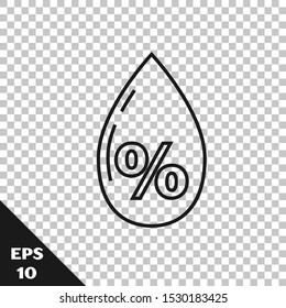 Black line Water drop percentage icon isolated on transparent background. Humidity analysis.  Vector Illustration