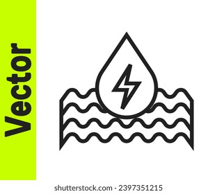Black line Water energy icon isolated on white background. Ecology concept with water droplet. Alternative energy concept.  Vector