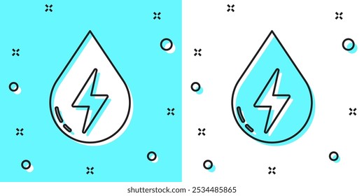 Linha preta Ícone de energia da água isolado no fundo verde e branco. Conceito de ecologia com gota de água. Conceito de energia alternativa. Formas dinâmicas aleatórias. Vetor