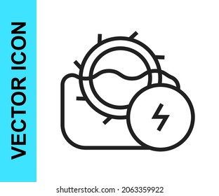Black line Water mill icon isolated on white background. Water wheel energy. Hydro power turbine wheel.  Vector