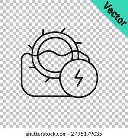 Black line Water mill icon isolated on transparent background. Water wheel energy. Hydro power turbine wheel.  Vector