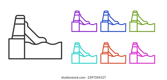 Black line Water slide with pool icon isolated on white background. Aquapark. Set icons colorful. Vector