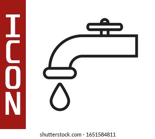 Black line Water tap with a falling water drop icon isolated on white background.  Vector Illustration