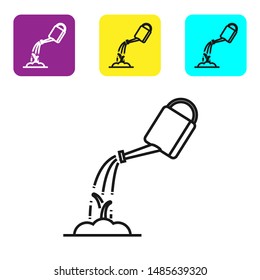 Black line Watering can with water icon isolated on white background. Watering a sprout. Irrigation symbol. Set icons colorful square buttons. Vector Illustration