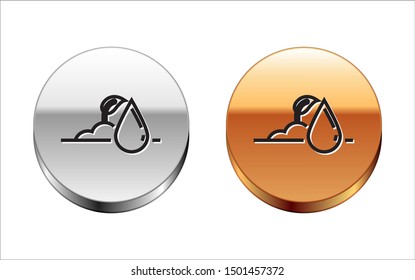 Black line Watering sprout icon isolated on white background. Seed and seedling. Irrigation symbol. Leaf nature. Silver-gold circle button. Vector Illustration