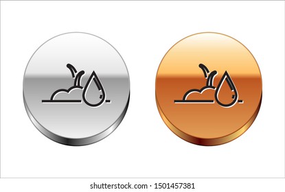 Black line Watering sprout icon isolated on white background. Seed and seedling. Irrigation symbol. Leaf nature. Silver-gold circle button. Vector Illustration