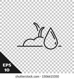 Black line Watering sprout icon isolated on transparent background. Seed and seedling. Irrigation symbol. Leaf nature.  Vector Illustration