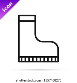 Black line Waterproof rubber boot icon isolated on white background. Gumboots for rainy weather, fishing, gardening.  Vector Illustration
