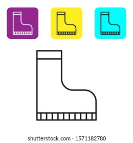 Black line Waterproof rubber boot icon isolated on white background. Gumboots for rainy weather, fishing, gardening. Set icons colorful square buttons. Vector Illustration