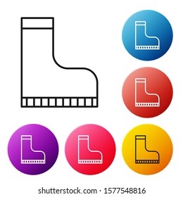 Black line Waterproof rubber boot icon isolated on white background. Gumboots for rainy weather, fishing, gardening. Set icons colorful circle buttons. Vector Illustration