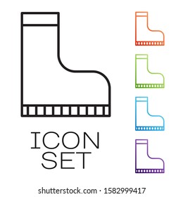 Black line Waterproof rubber boot icon isolated on white background. Gumboots for rainy weather, fishing, gardening. Set icons colorful. Vector Illustration