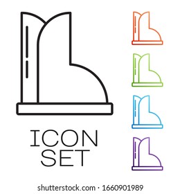 Black line Waterproof rubber boot icon isolated on white background. Gumboots for rainy weather, fishing, gardening. Set icons colorful. Vector Illustration