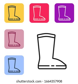 Black line Waterproof rubber boot icon isolated on white background. Gumboots for rainy weather, fishing, gardening. Set icons in color square buttons. Vector Illustration