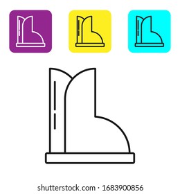 Black line Waterproof rubber boot icon isolated on white background. Gumboots for rainy weather, fishing, gardening. Set icons colorful square buttons. Vector Illustration