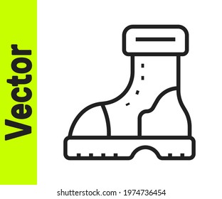 Black line Waterproof rubber boot icon isolated on white background. Gumboots for rainy weather, fishing, gardening.  Vector
