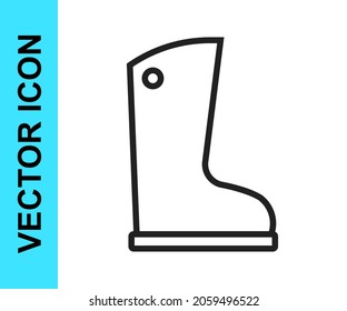 Black line Waterproof rubber boot icon isolated on white background. Gumboots for rainy weather, fishing, gardening.  Vector