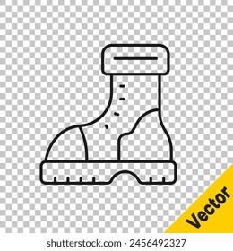 Black line Waterproof rubber boot icon isolated on transparent background. Gumboots for rainy weather, fishing, gardening.  Vector