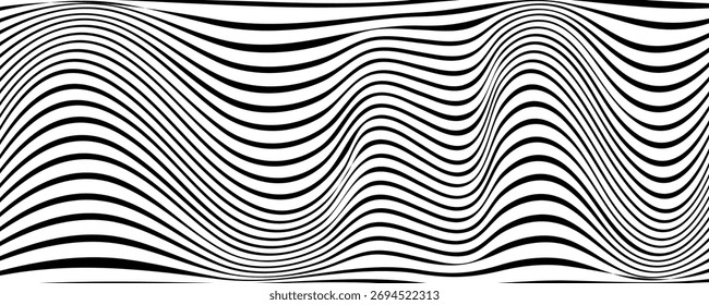 Black line wave pattern. Optical illusion stripe background, abstract geometric wavy texture, curve hypnosis flow motion, lined dynamic poster