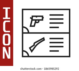 Black line Weapon catalog icon isolated on white background. Police or military handgun. Small firearm.  Vector
