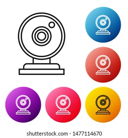 Black line Web camera icon isolated on white background. Chat camera. Webcam icon. Set icons colorful circle buttons. Vector Illustration