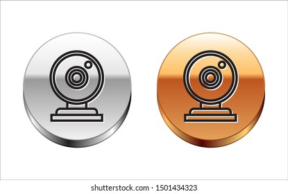 Black line Web camera icon isolated on white background. Chat camera. Webcam icon. Silver-gold circle button. Vector Illustration