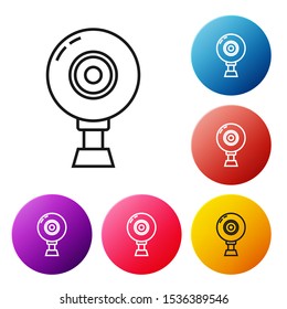 Black line Web camera icon isolated on white background. Chat camera. Webcam icon. Set icons colorful circle buttons. Vector Illustration