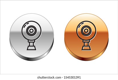 Black line Web camera icon isolated on white background. Chat camera. Webcam icon. Silver-gold circle button. Vector Illustration