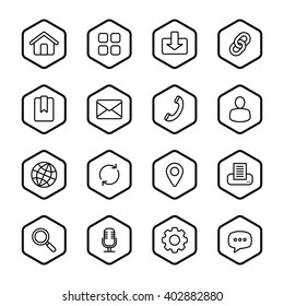 black line web icon set with hexagon frame for web design, user interface (UI), infographic and mobile application (apps)