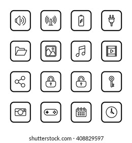 black line web icon set with rounded rectangle frame for web design, user interface (UI), infographic and mobile application (apps)