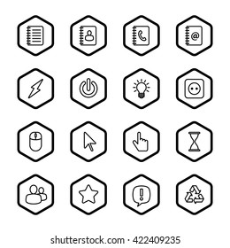black line web icon set with hexagon frame for web design, user interface (UI), infographic and mobile application (apps)
