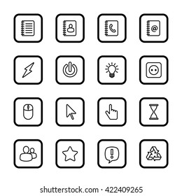 black line web icon set with rounded rectangle frame for web design, user interface (UI), infographic and mobile application (apps)