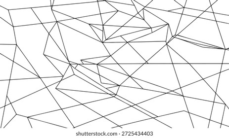 Schwarze Linienstruktur auf transparentem Hintergrund. Zeitgenössisches digitales Verbindungskonzept mit scharfen Winkeln und unregelmäßigen Polygonen. Minimalistische Tech-Tapete mit komplexem Mesh-Gitter. Vektorgrafische Darstellung von Datenknoten und neuronalen Netzwerkpfaden.